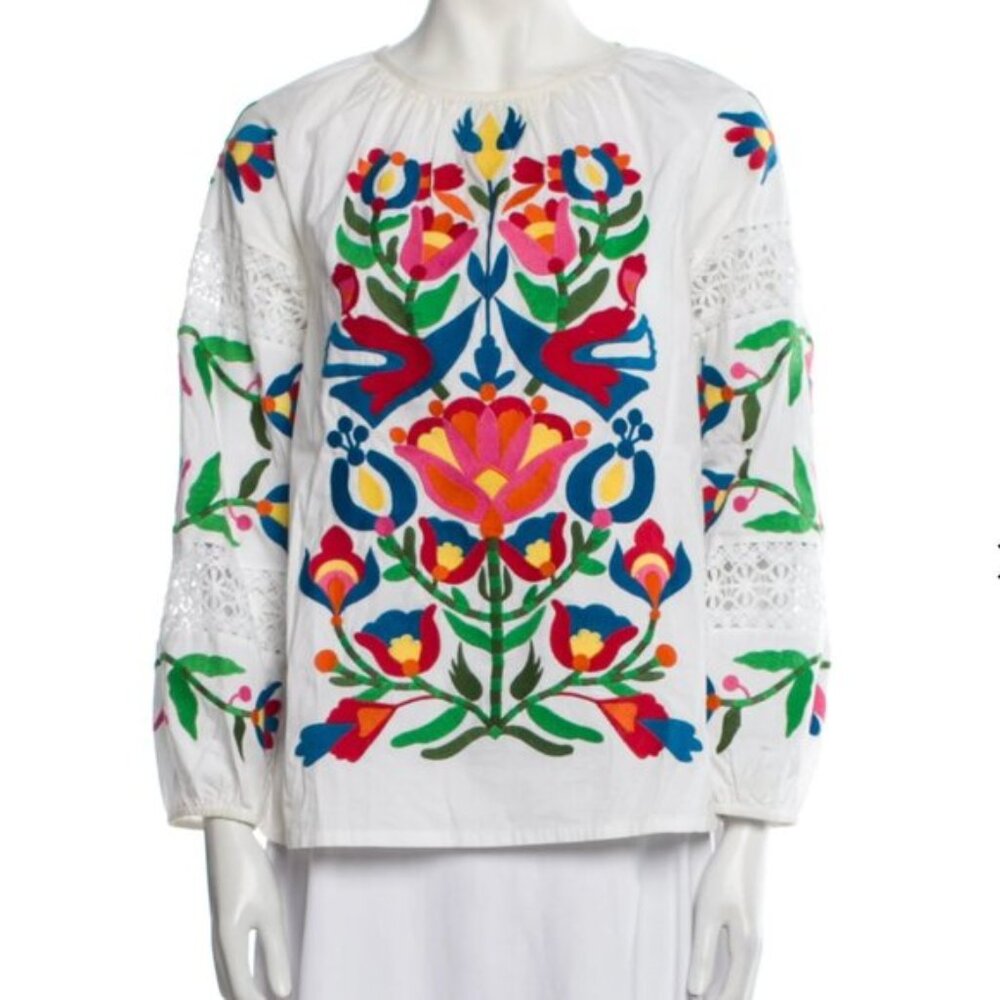 Frances Valentine Printed Scoop Neck Embroidered Blouse Shirt
